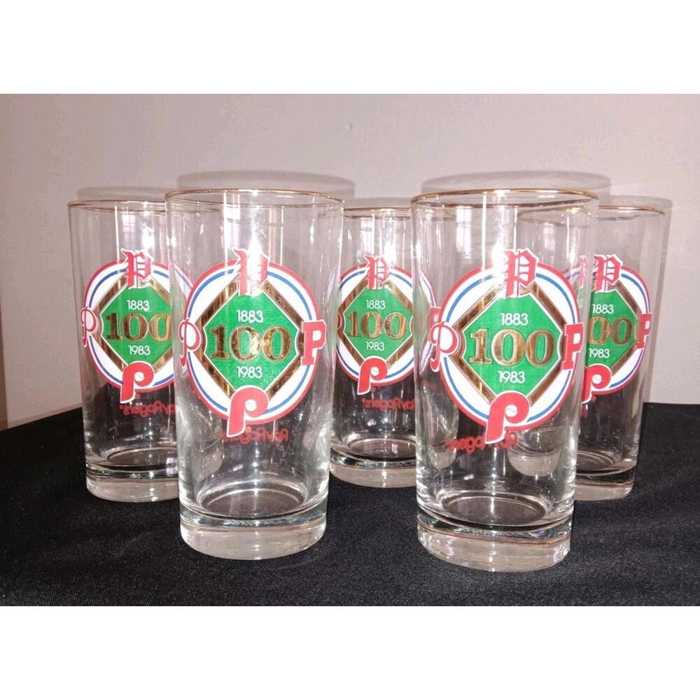 5 Philadelphia Phillies 100th Anniverary Glasses Collectors Roy Rogers VTG 1983